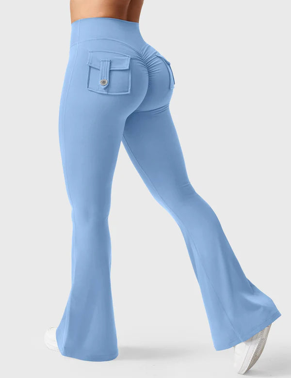 VANY - Flared Leggings mit Taschen & V-Raffung - Hellblau