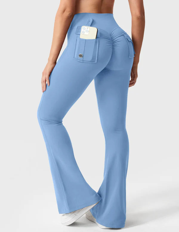 VANY - Flared Leggings mit Taschen & V-Raffung - Hellblau