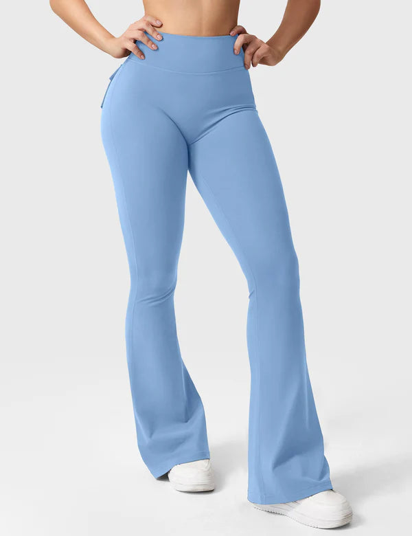 VANY - Flared Leggings mit Taschen & V-Raffung - Hellblau