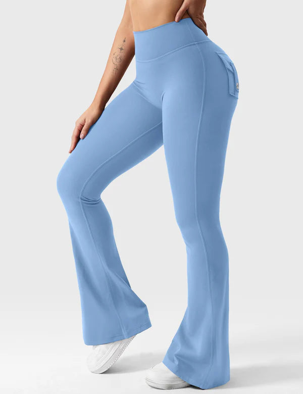 VANY - Flared Leggings mit Taschen & V-Raffung - Hellblau